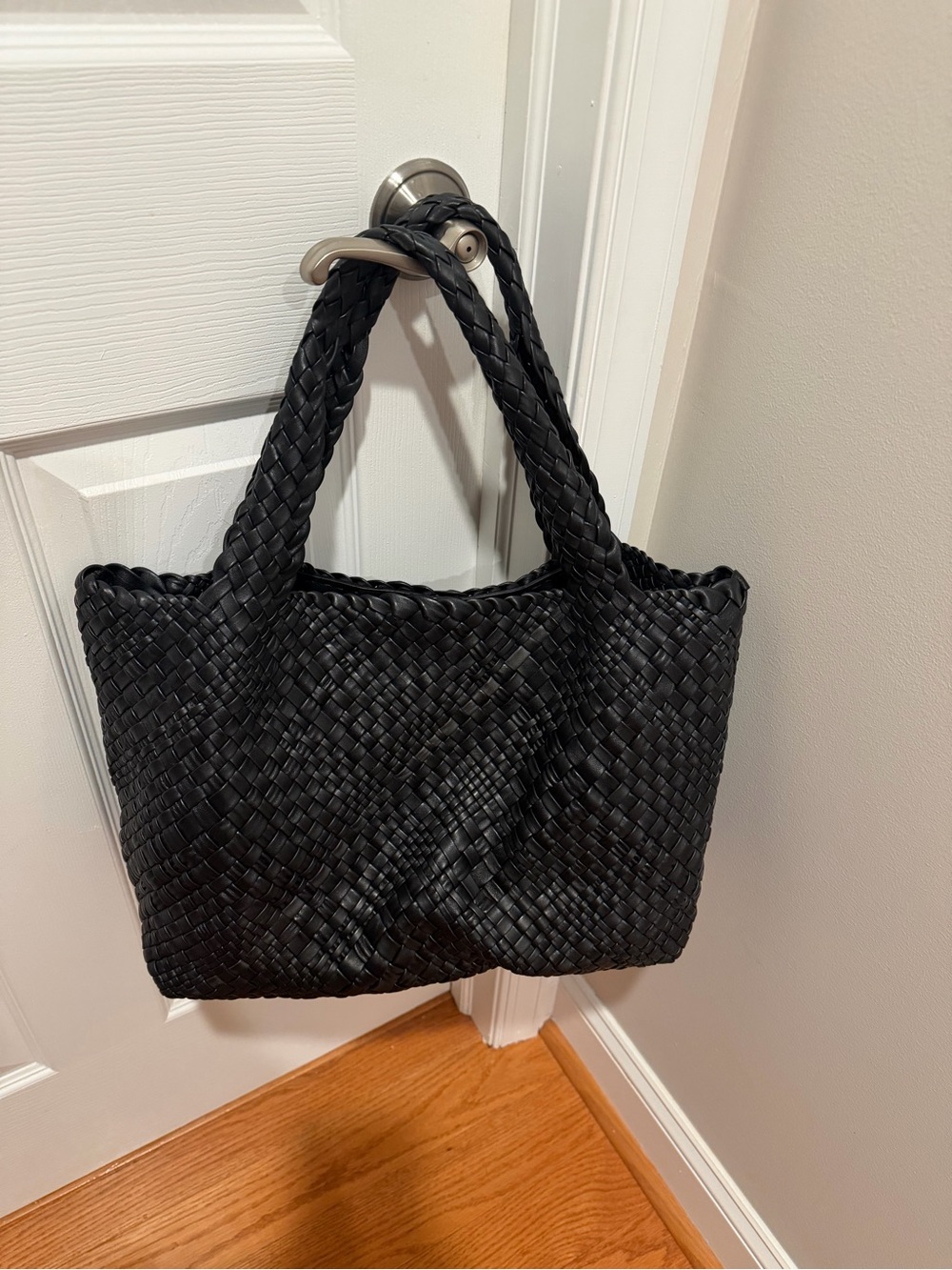 Braided Woven Shoulder Tote Bag - Black